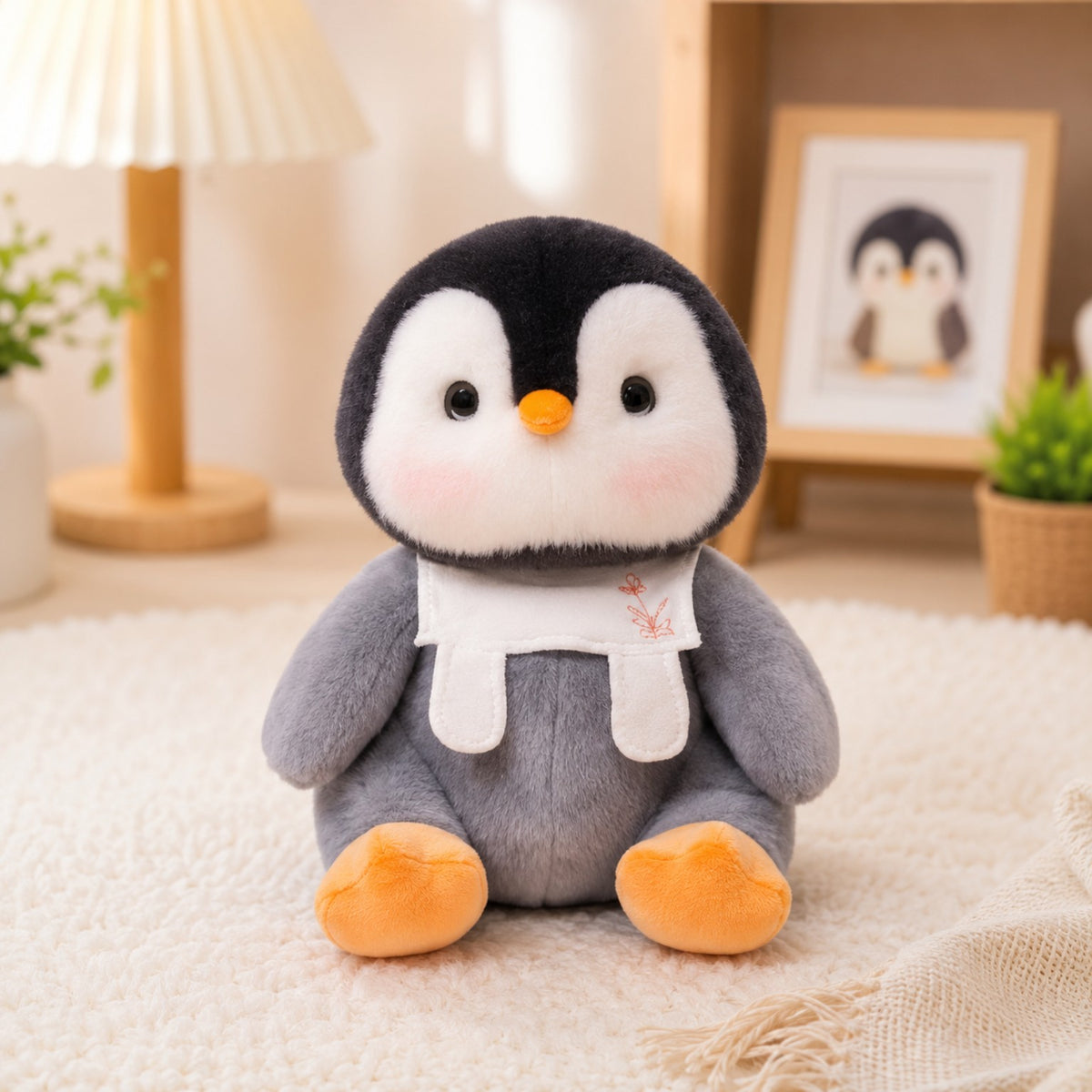 Grey penguin baby bib plush soft toy