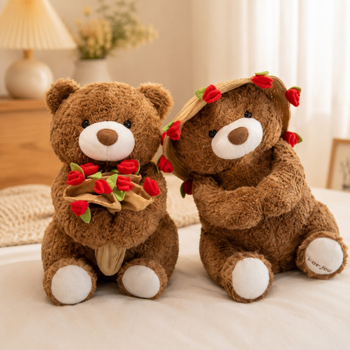Brown teddy bear couple romantic rose plush soft toys