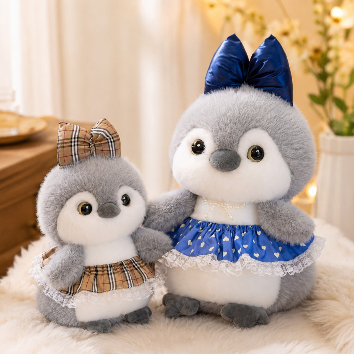 Grey penguin couple plush soft toy