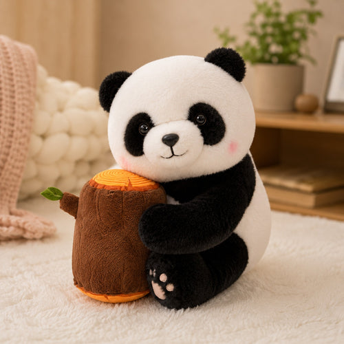 Bamboo panda plush soft toy hugging a stump