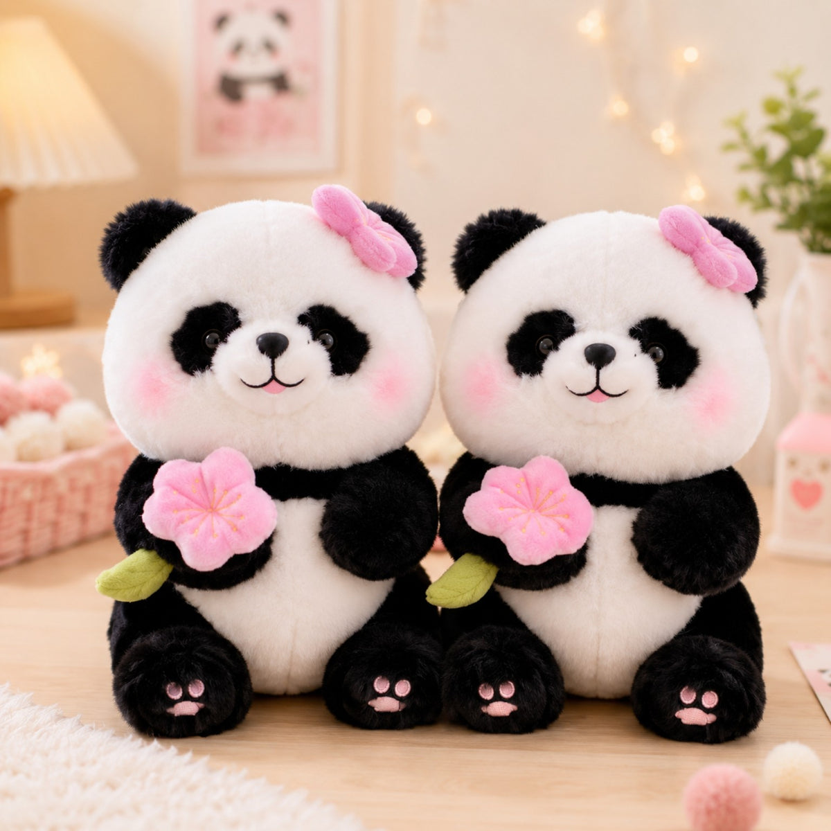 Panda couple plush soft toy set with pink flowers