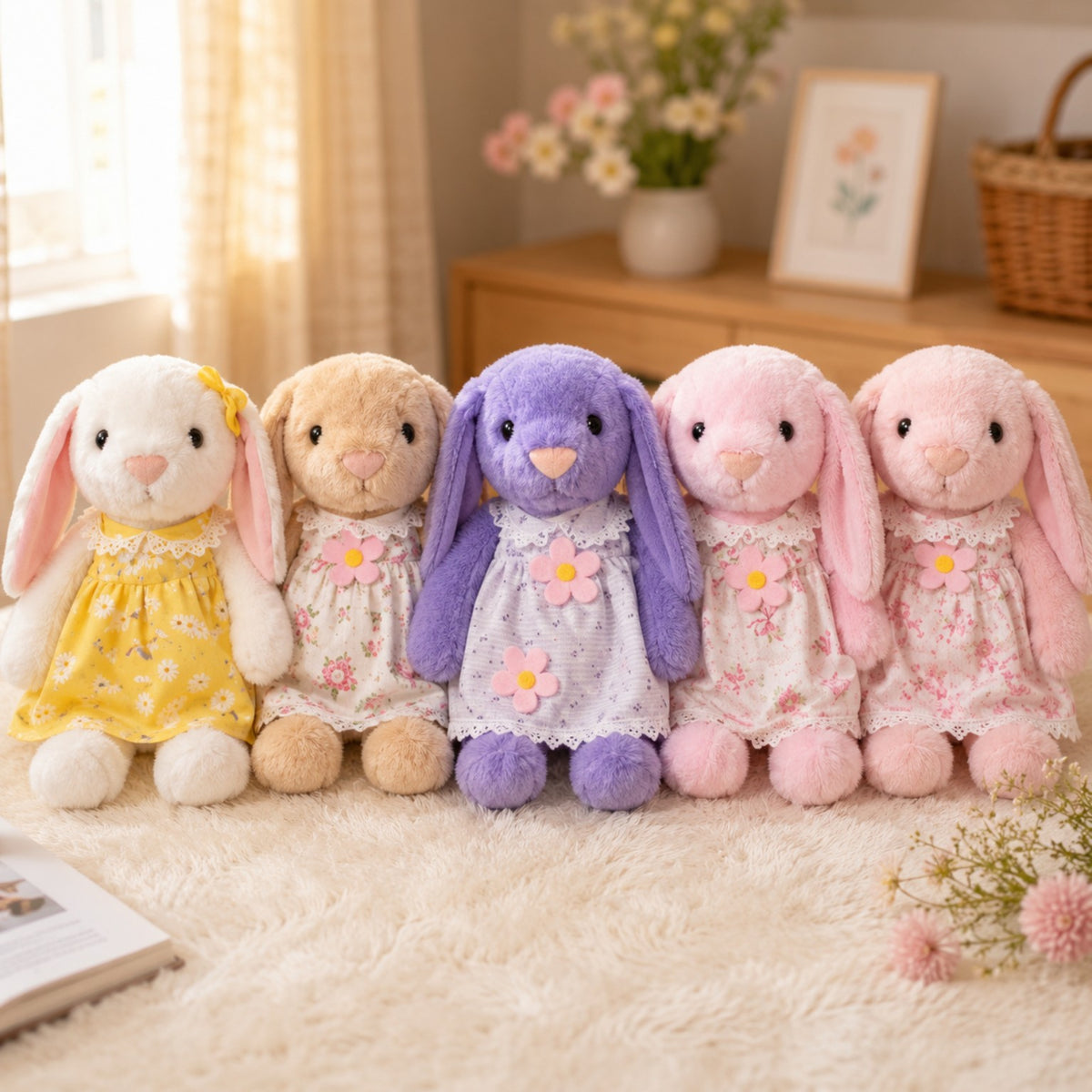 Pastel bunny family plush soft toy set in floral dresses