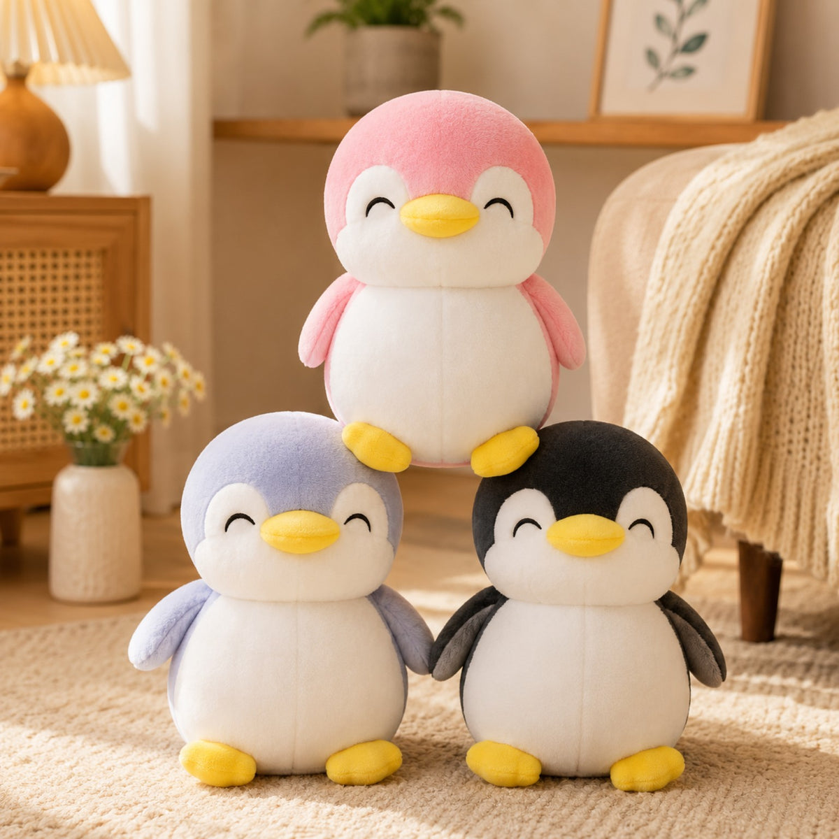 Pastel pink lavender and black penguin trio plush soft toy set
