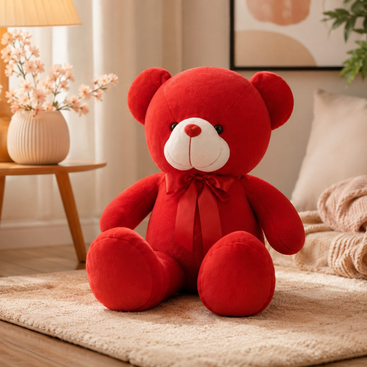 Large red teddy bear plush soft toy with ribbon